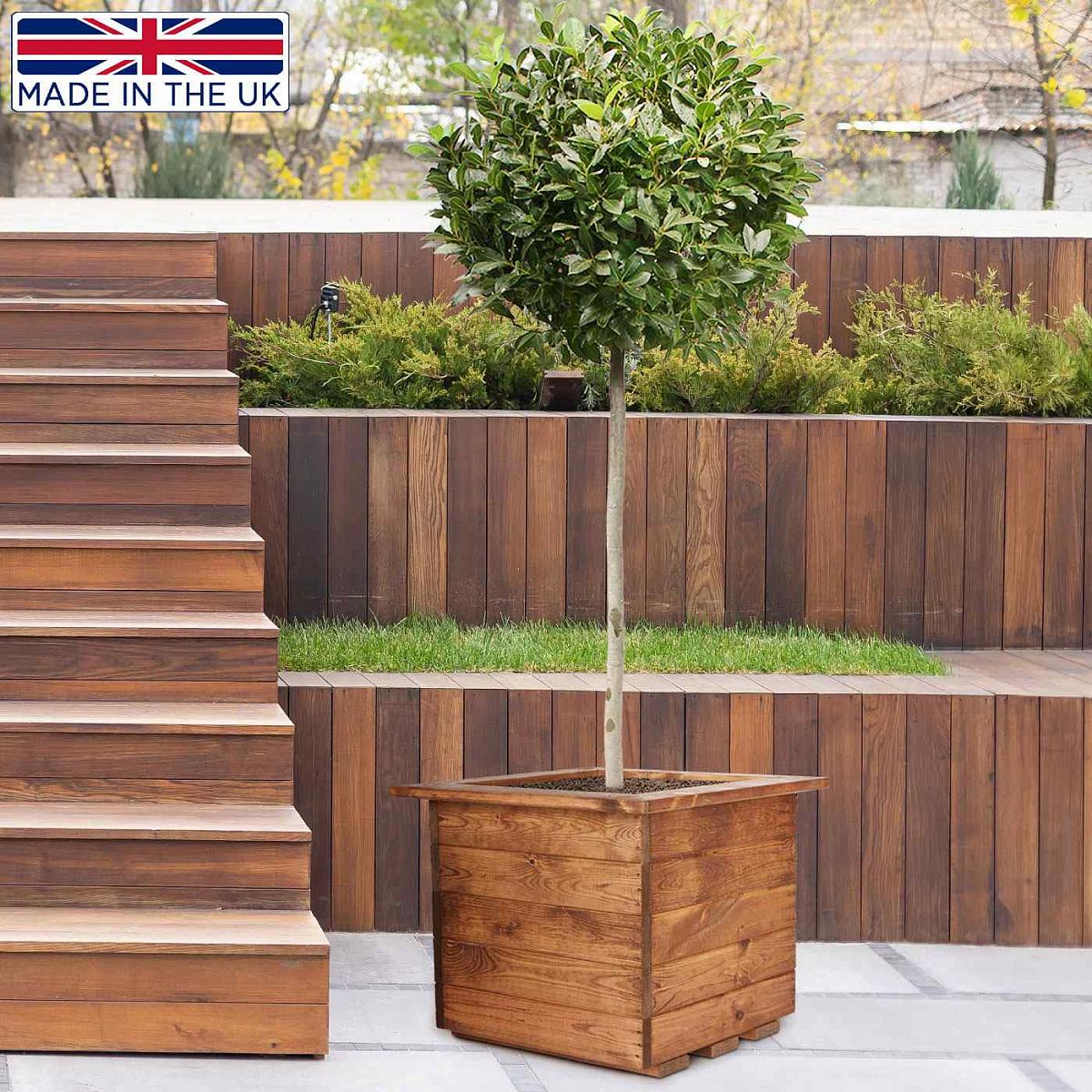 Hortico Square Wood Planter for Garden, Outdoor Plant Pot Made of Redwood, H39 L47 W47 cm, 86L