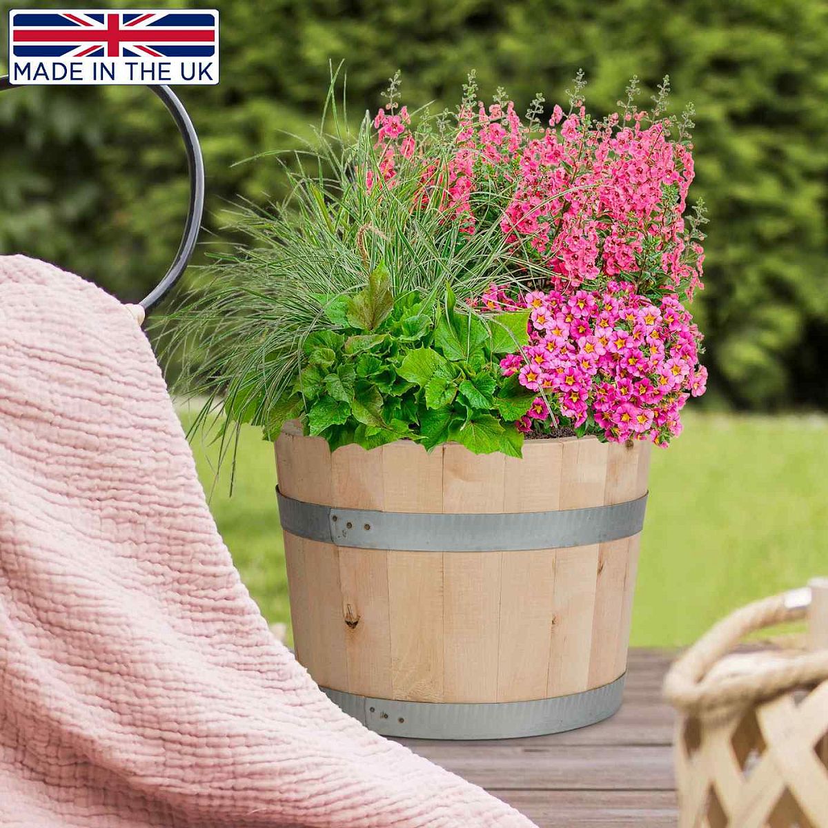 HORTICO Barrel Wood Planter for Garden, Outdoor Plant Pot made of European Birch, D40 H30 cm, 37.7L